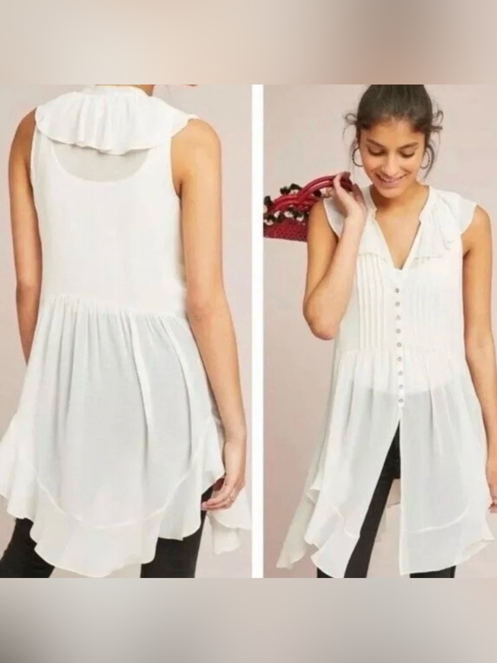 Anthropologie Akemi + Kim Sheer Button Front Ruffle Tunic size Large